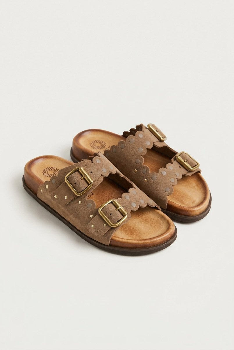 ATENEO - Studded Buckle Sandals - Taupe Suede