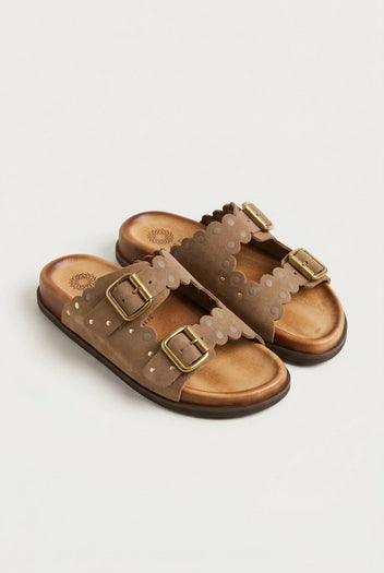 ATENEO - Studded Buckle Sandals - Taupe Suede