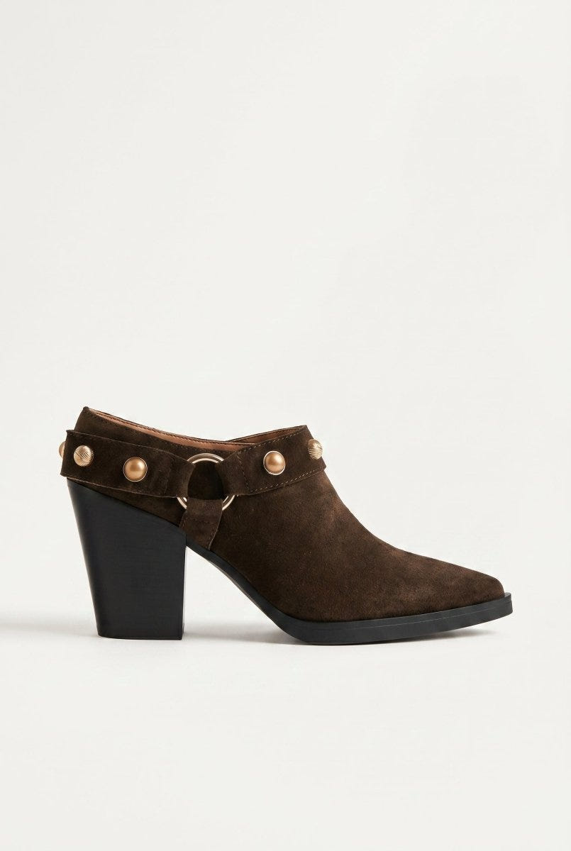 IRIS - Studded Clogs Block Heel - Brown Suede