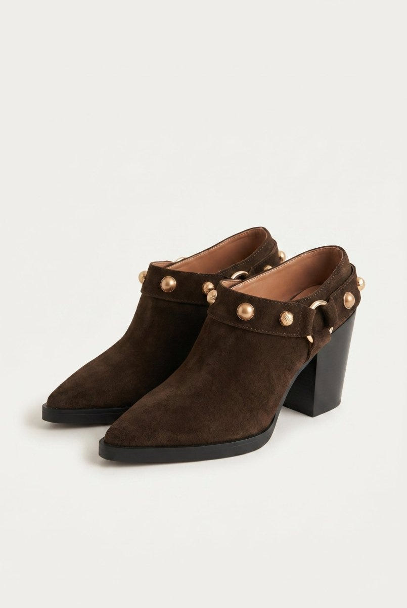 IRIS - Studded Clogs Block Heel - Brown Suede