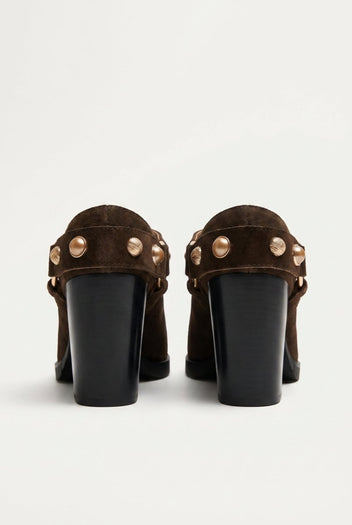 IRIS - Studded Clogs Block Heel - Brown Suede