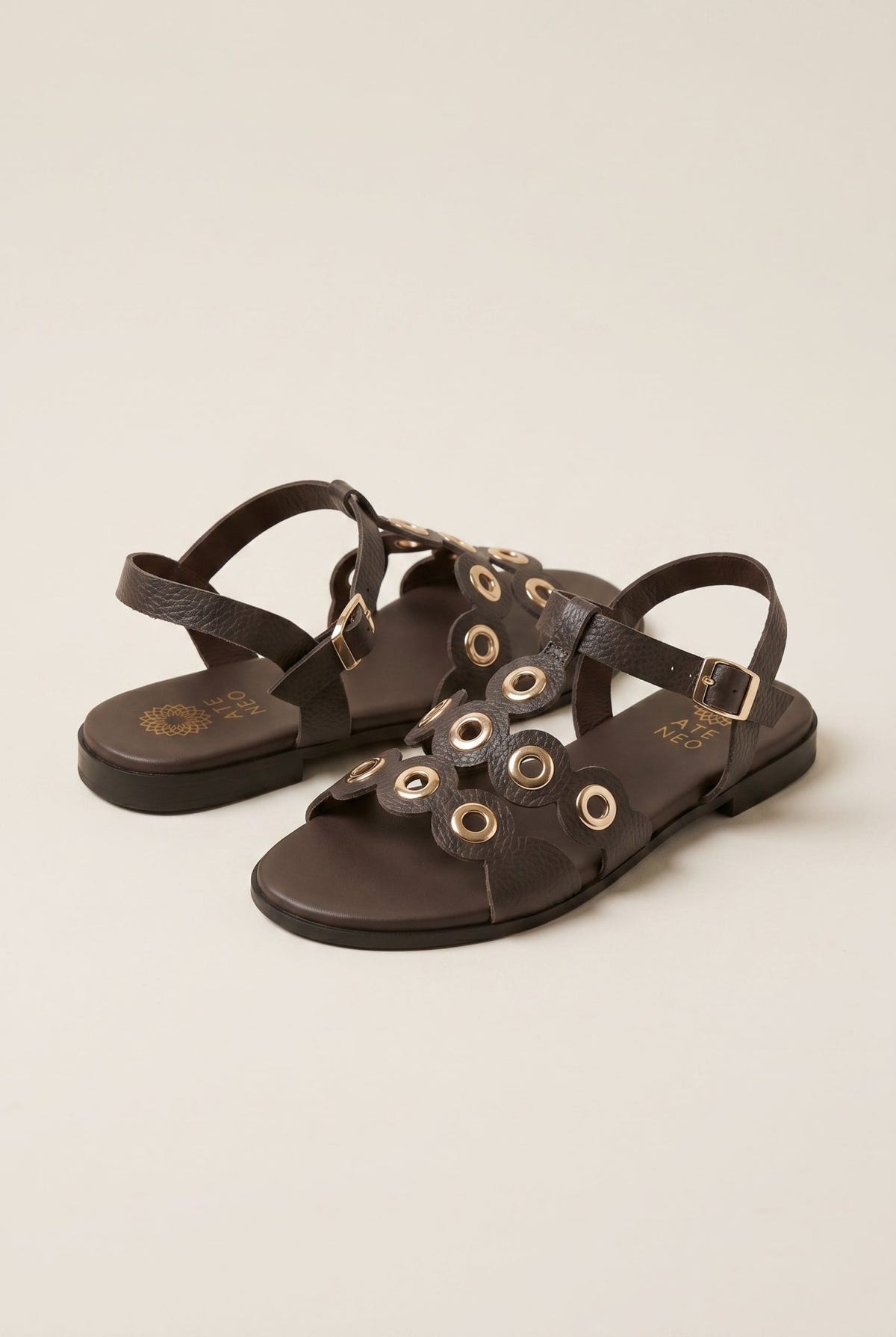 ATENEO - Studded Sandals Buckle Strap - Dark Brown Matte