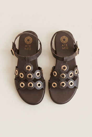 ATENEO - Studded Sandals Buckle Strap - Dark Brown Matte