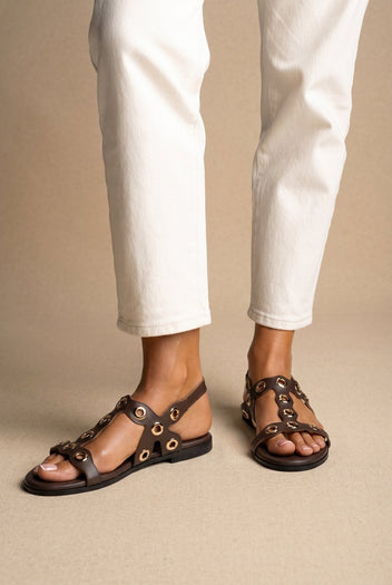 ATENEO - Studded Sandals Side Strap - Dark Brown Matte