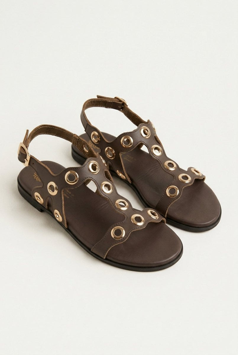 ATENEO - Studded Sandals Side Strap - Dark Brown Matte