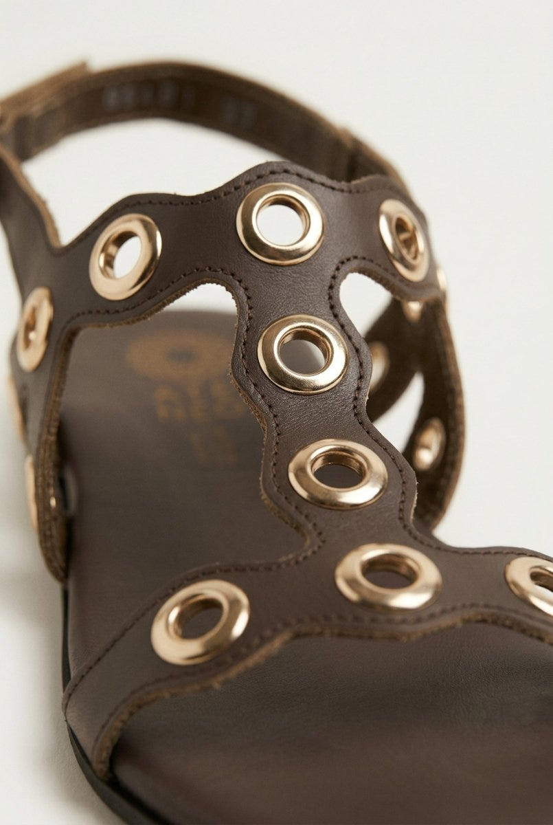 ATENEO - Studded Sandals Side Strap - Dark Brown Matte