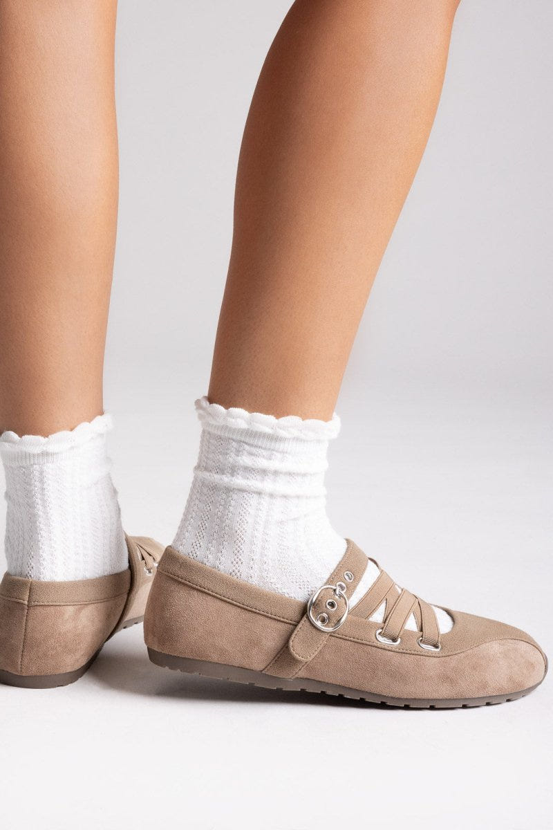 Suede Ballet Flats with Strap and Studs - Beige Suede - thefashionproject.gr - BOTEGGA 22