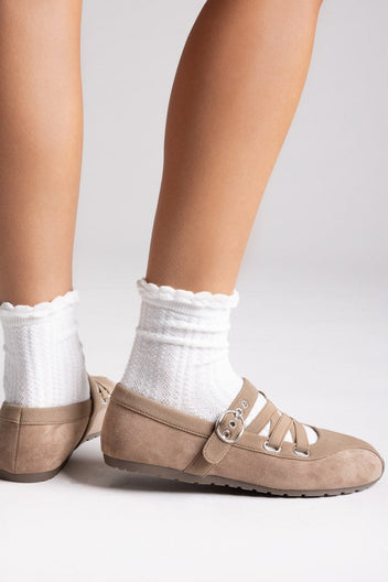 Suede Ballet Flats with Strap and Studs - Beige Suede - thefashionproject.gr - BOTEGGA 22