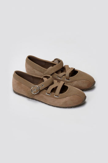 Suede Ballet Flats with Strap and Studs - Beige Suede - thefashionproject.gr - BOTEGGA 22