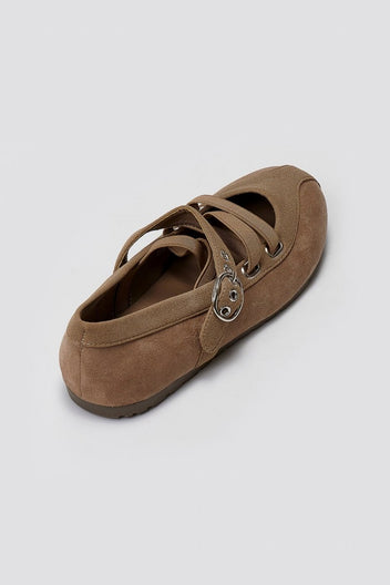 Suede Ballet Flats with Strap and Studs - Beige Suede - thefashionproject.gr - BOTEGGA 22