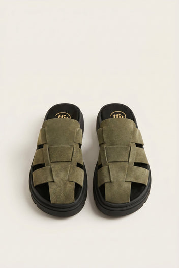 TFP - Suede Flatform Clogs - Khaki Green Suede
