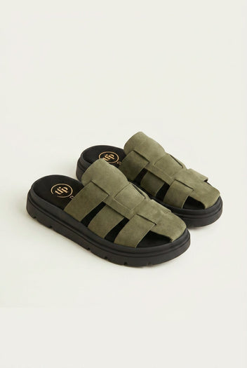 TFP - Suede Flatform Clogs - Khaki Green Suede