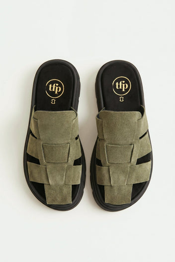 TFP - Suede Flatform Clogs - Khaki Green Suede