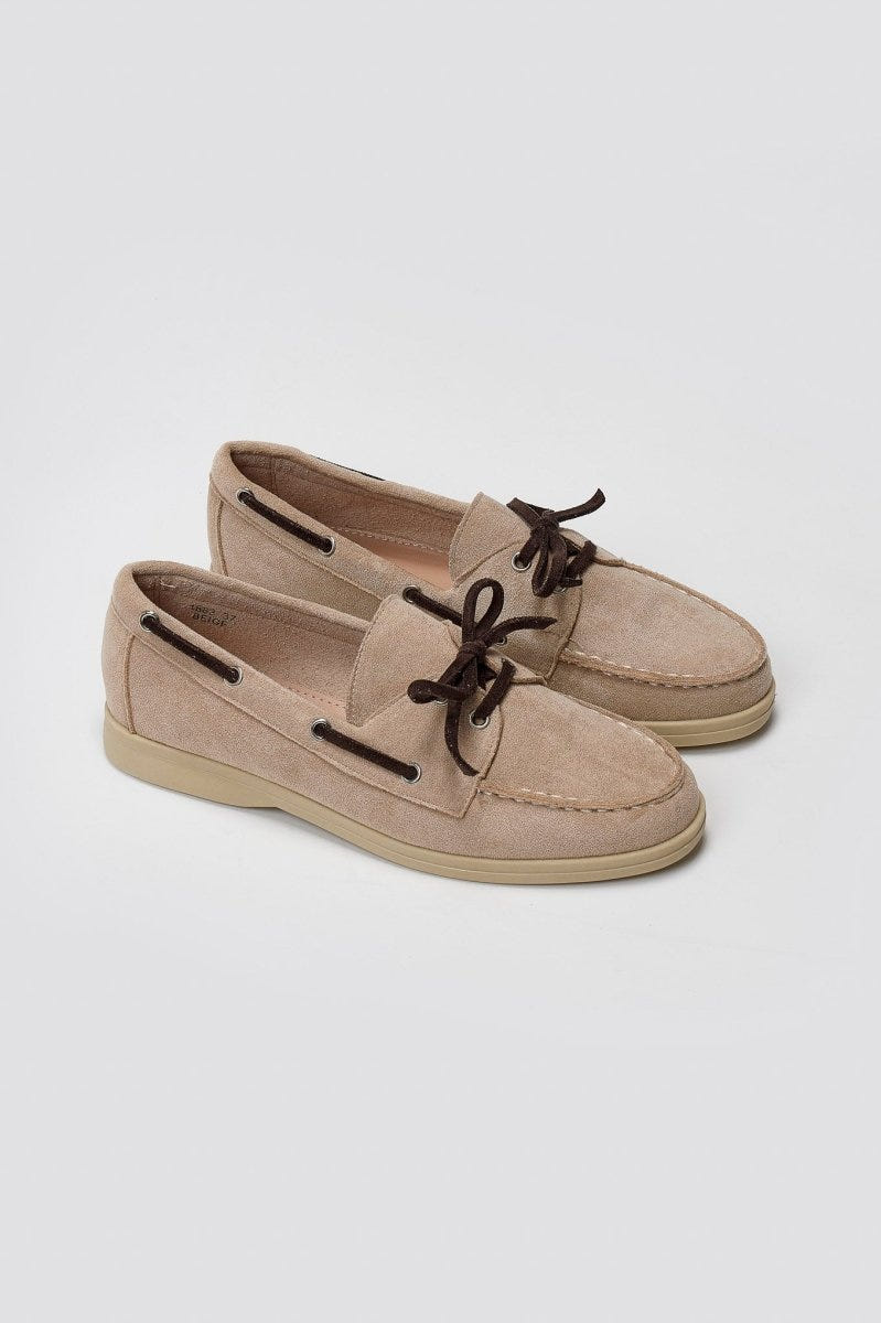 Suede Loafers with Two - Tone Laces - Beige Suede - thefashionproject.gr - MARQUIIZ