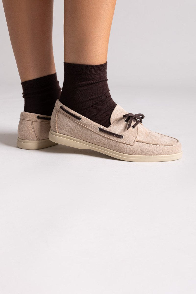 Suede Loafers with Two - Tone Laces - Beige Suede - thefashionproject.gr - MARQUIIZ