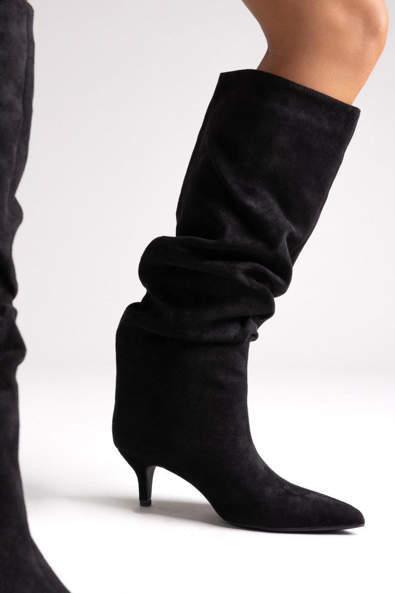 MARQUIIZ - Suede Pointed Boots with Kitten Heel - Black Suede