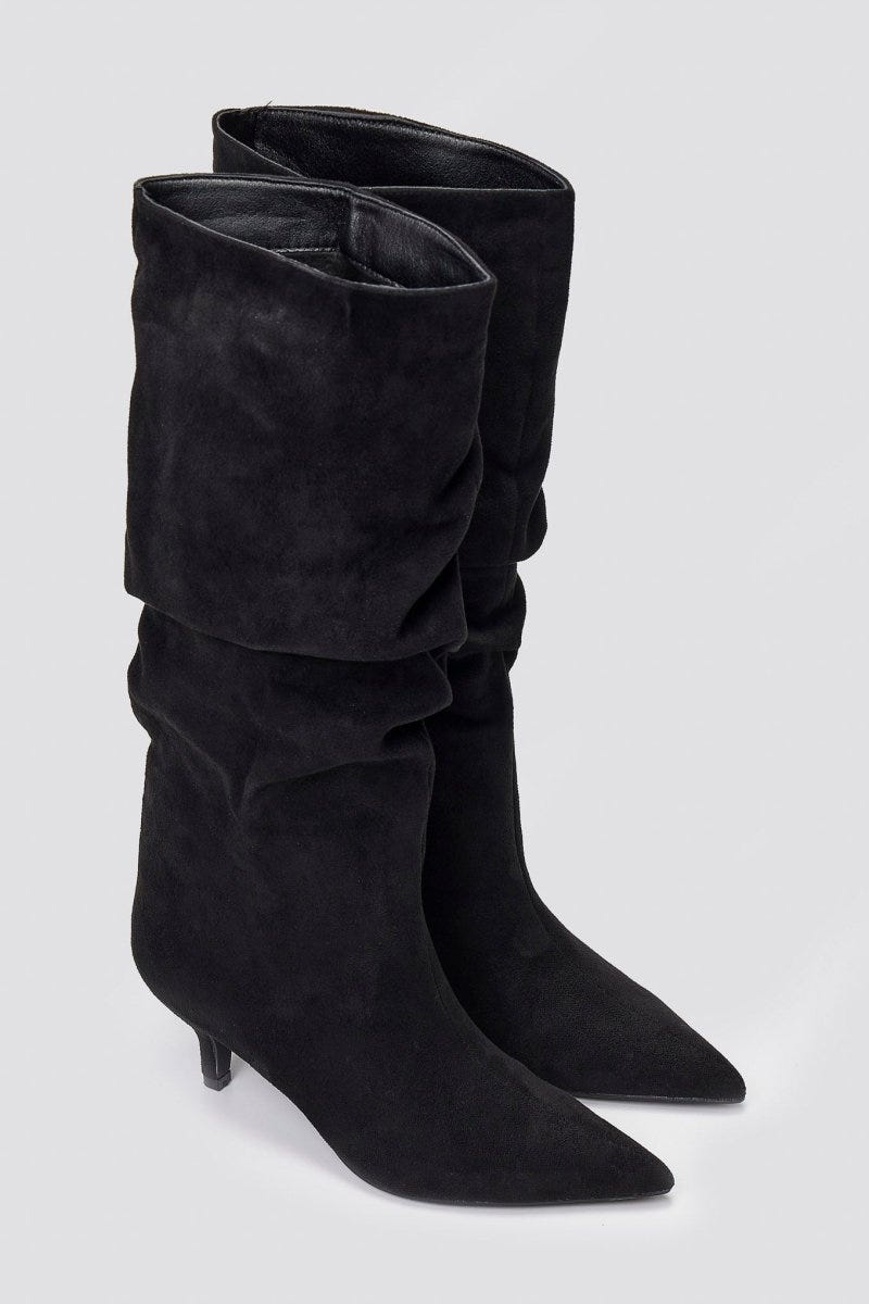 Suede Pointed Boots with Kitten Heel - Black Suede - thefashionproject.gr - MARQUIIZ