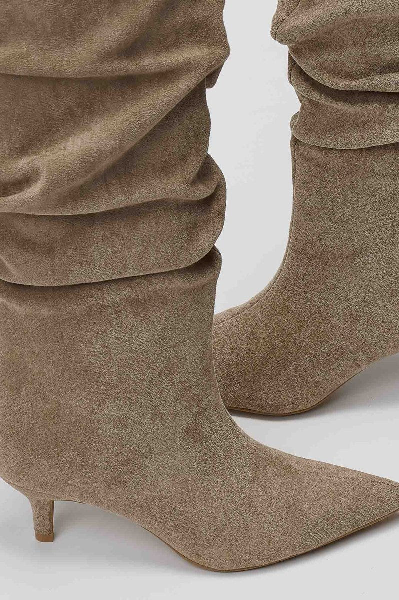 Suede Pointed Boots with Kitten Heel - Taupe Suede - thefashionproject.gr - MARQUIIZ