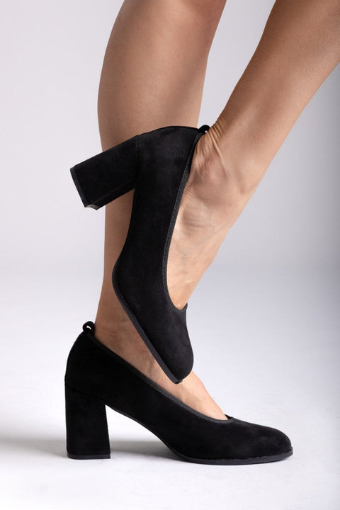Suede Pumps Block Heel - Black Suede