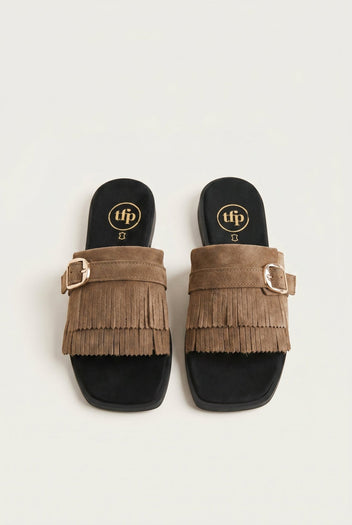 TFP - Suede Sandals Fringe Detail - Taupe Suede