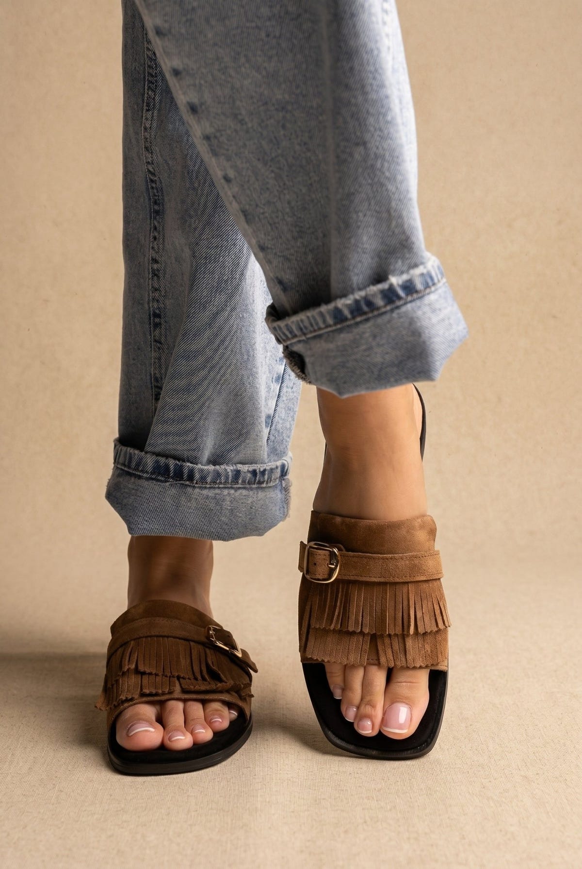 TFP - Suede Sandals Fringe Detail - Taupe Suede