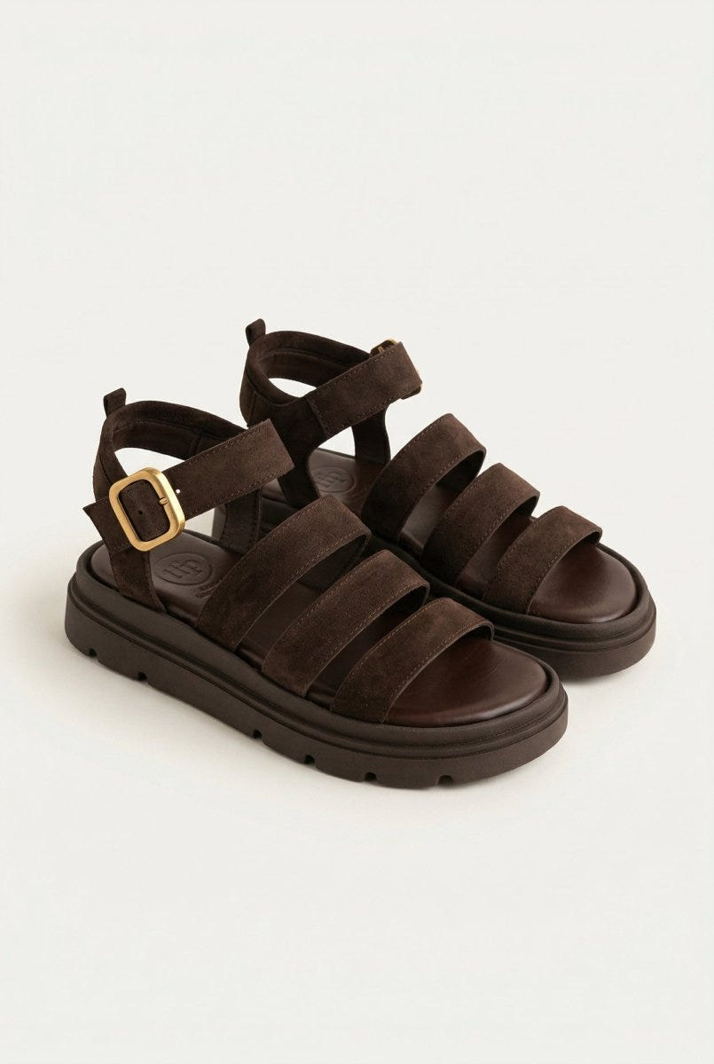 TFP - Suede Sandals with Bands - Dark Brown Suede