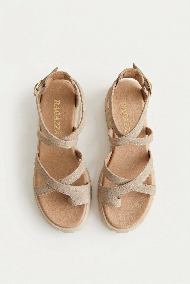 RAGAZZA - Suede Toe Ring Sandals - Beige Suede
