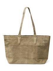 Taupe suede slouchy tote bag with two long leather handles and front pocket, front view on white