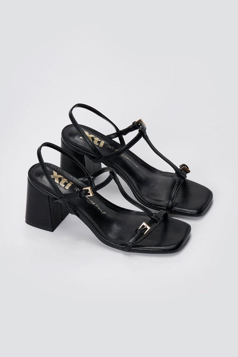 Xti Footwear - T Strap Block Heel Sandals - Black Matte