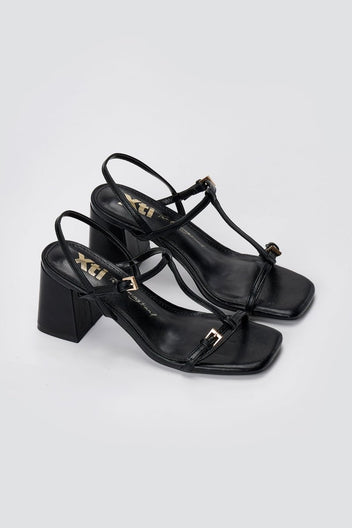 Xti Footwear - T Strap Block Heel Sandals - Black Matte
