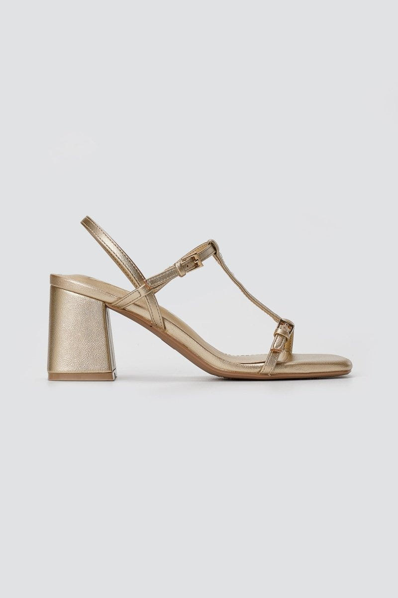 Xti Footwear - T Strap Block Heel Sandals - Gold