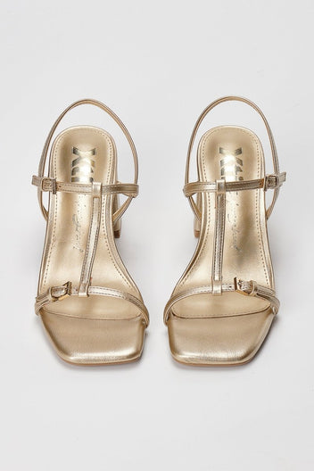 Xti Footwear - T Strap Block Heel Sandals - Gold