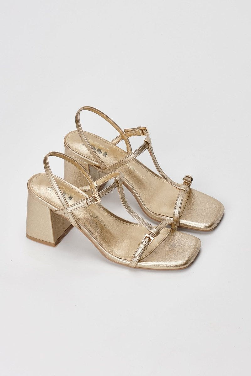 Xti Footwear - T Strap Block Heel Sandals - Gold