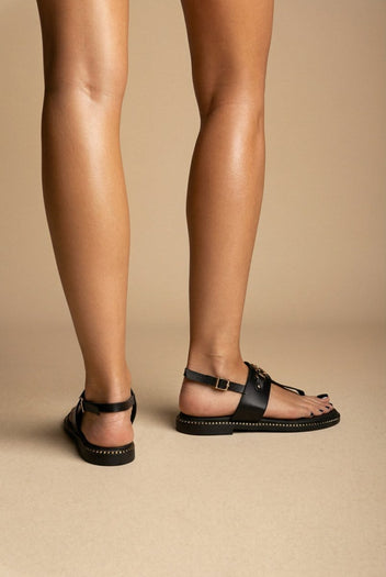 RAGAZZA - T - Strap Leather Sandals - Black Matte