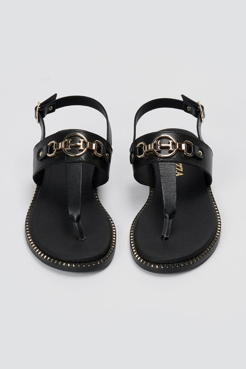 RAGAZZA - T - Strap Leather Sandals - Black Matte