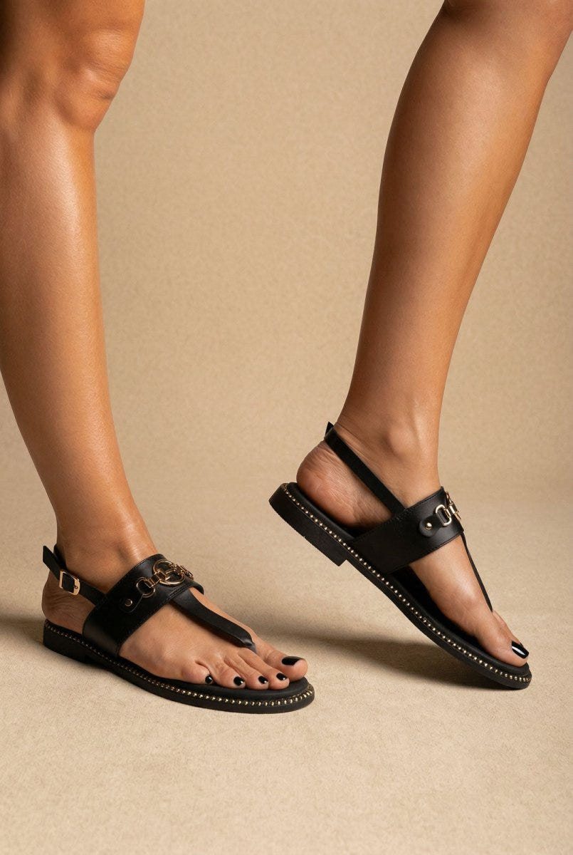 RAGAZZA - T - Strap Leather Sandals - Black Matte