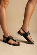 RAGAZZA - T - Strap Leather Sandals - Black Matte