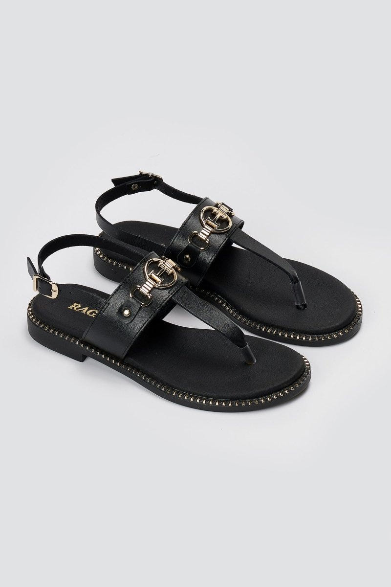 RAGAZZA - T - Strap Leather Sandals - Black Matte