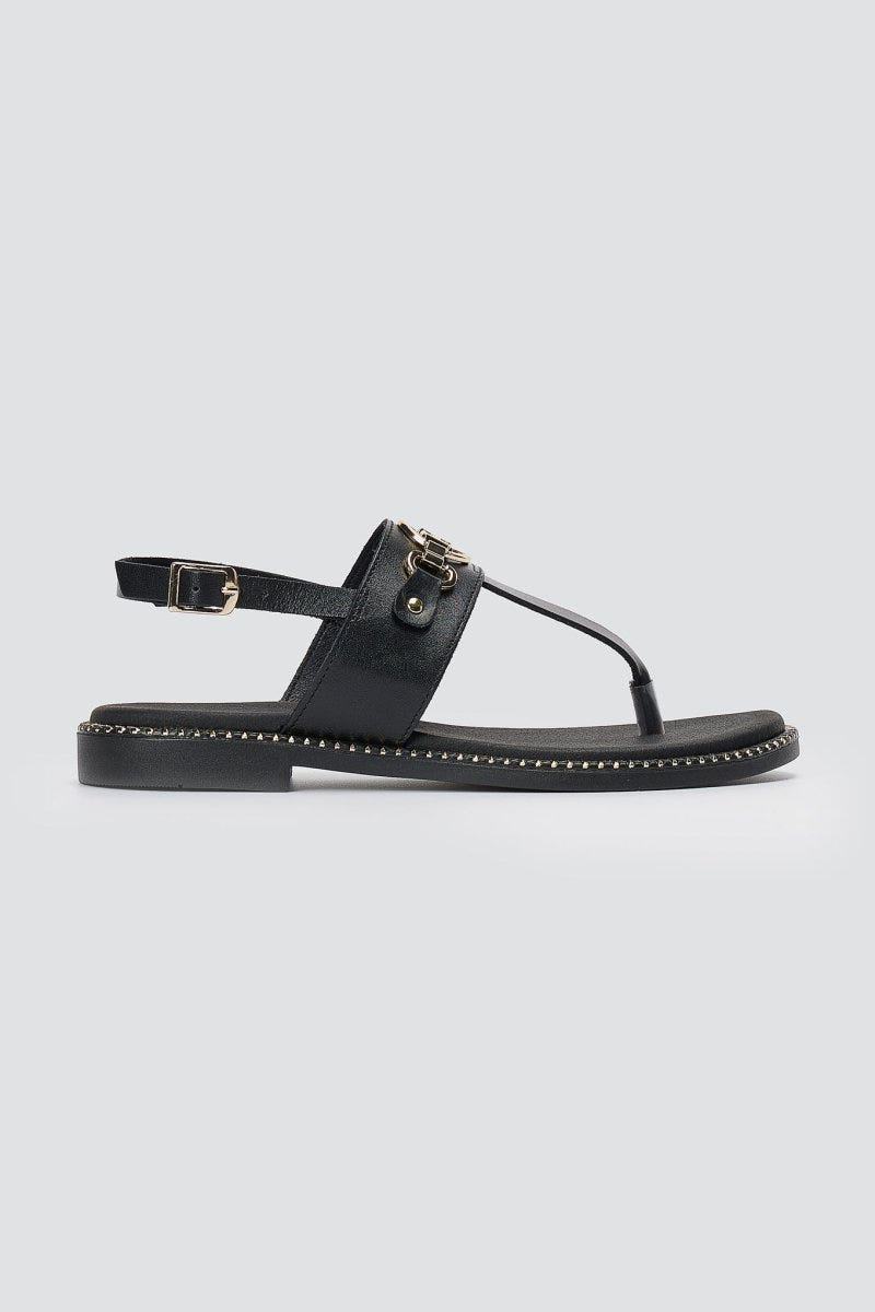 RAGAZZA - T - Strap Leather Sandals - Black Matte