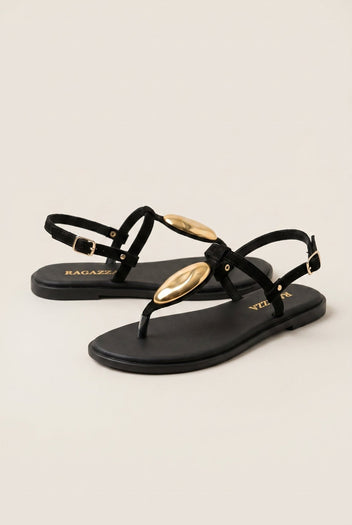 RAGAZZA - T - Strap Sandals - Black Suede