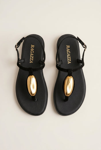 RAGAZZA - T - Strap Sandals - Black Suede