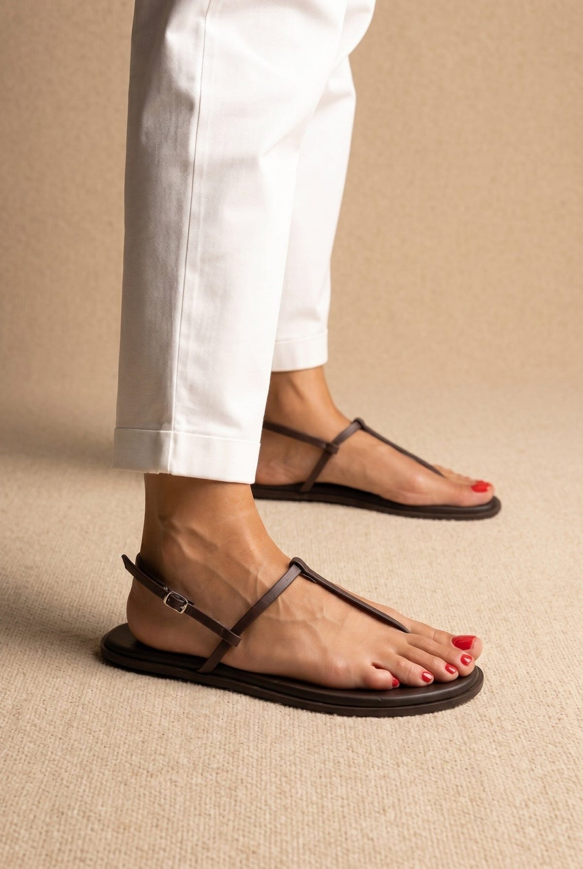 TFP - T Strap Sandals Buckle Closure - Brown Matte