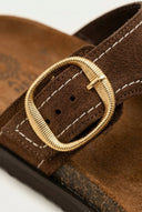 ATENEO - T Strap Sandals Buckle Detail - Brown Suede