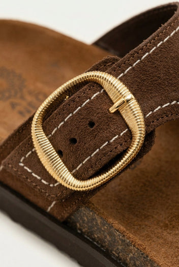 ATENEO - T Strap Sandals Buckle Detail - Brown Suede