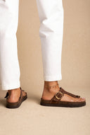 ATENEO - T Strap Sandals Buckle Detail - Brown Suede