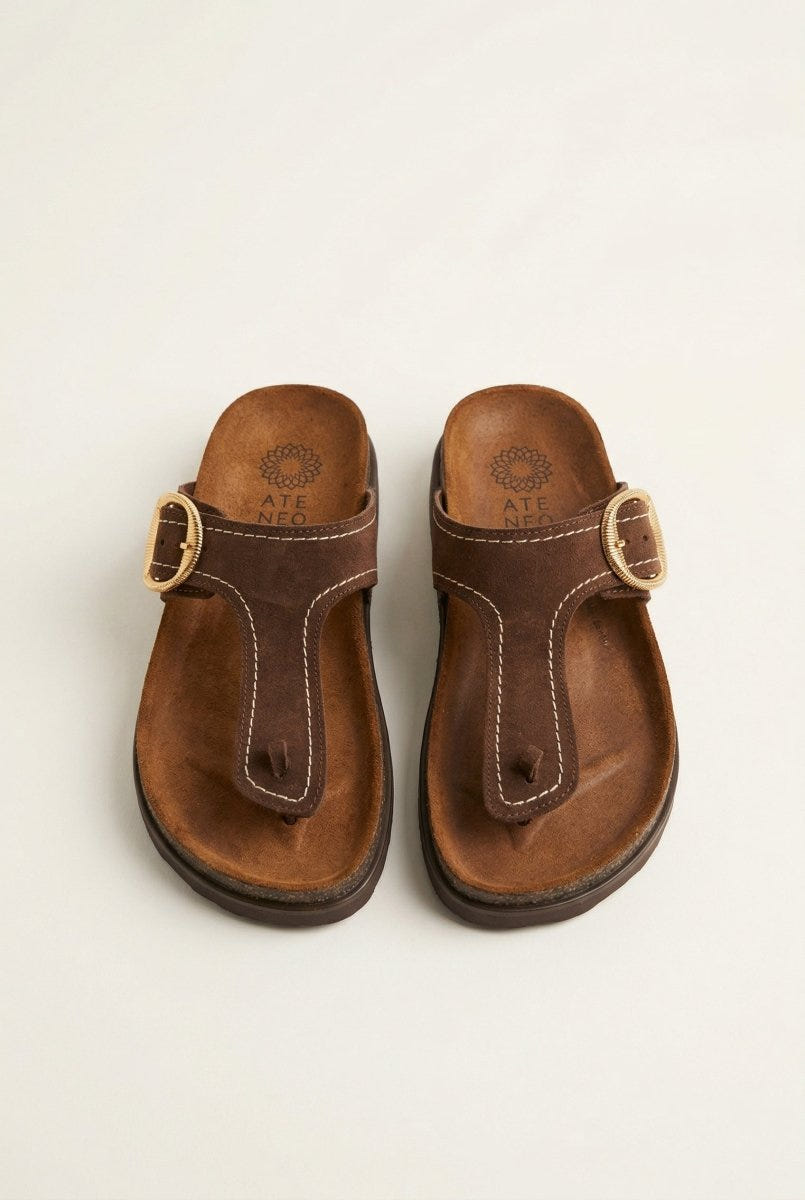 ATENEO - T Strap Sandals Buckle Detail - Brown Suede