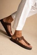ATENEO - T Strap Sandals Buckle Detail - Brown Suede