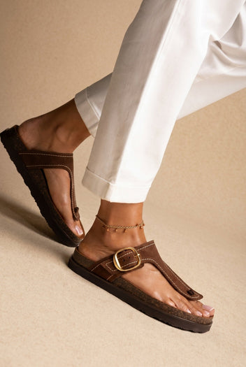 ATENEO - T Strap Sandals Buckle Detail - Brown Suede
