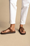 ATENEO - T Strap Sandals Buckle Detail - Brown Suede