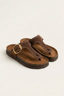 ATENEO - T Strap Sandals Buckle Detail - Brown Suede
